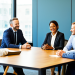 A diverse group of adults, fully clothed in professional and modest business casual attire, seated around a large table in a brightly lit, modern conference room. They are engaged in an empathetic and supportive group discussion, with natural poses and warm expressions of understanding and active listening. The atmosphere is collaborative and encouraging, emphasizing human connection and mutual support. Perfect anatomy, correct proportions, well-formed hands, proper finger count. Professional photography, high-resolution, safe for work, appropriate content, fully clothed, family-friendly.