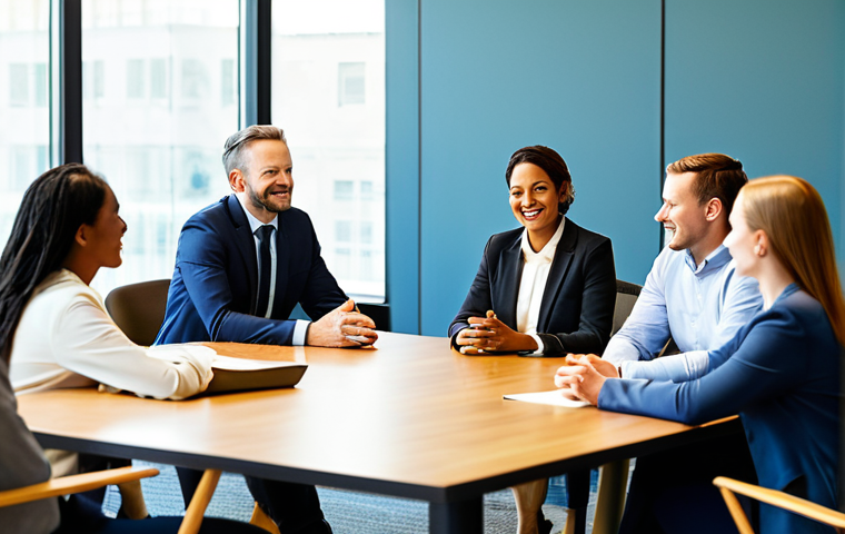 A diverse group of adults, fully clothed in professional and modest business casual attire, seated around a large table in a brightly lit, modern conference room. They are engaged in an empathetic and supportive group discussion, with natural poses and warm expressions of understanding and active listening. The atmosphere is collaborative and encouraging, emphasizing human connection and mutual support. Perfect anatomy, correct proportions, well-formed hands, proper finger count. Professional photography, high-resolution, safe for work, appropriate content, fully clothed, family-friendly.