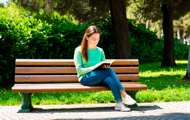 Personal Growth & Well-being**
"A woman in her late 20s, wearing a modest, comfortable sweater and jeans, sitting on a park bench in Lisbon, Portugal. She is writing in a journal with a peaceful expression. Lush green trees and sunlight filter through. Safe for work, appropriate content, fully clothed, professional photography, perfect anatomy, natural proportions, family-friendly, modest."
**