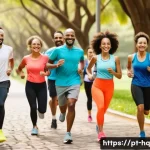 동기부여 이론과 건강 행동 변화 - A diverse group of cheerful adults participating in a community running club in a sunny urban park i...