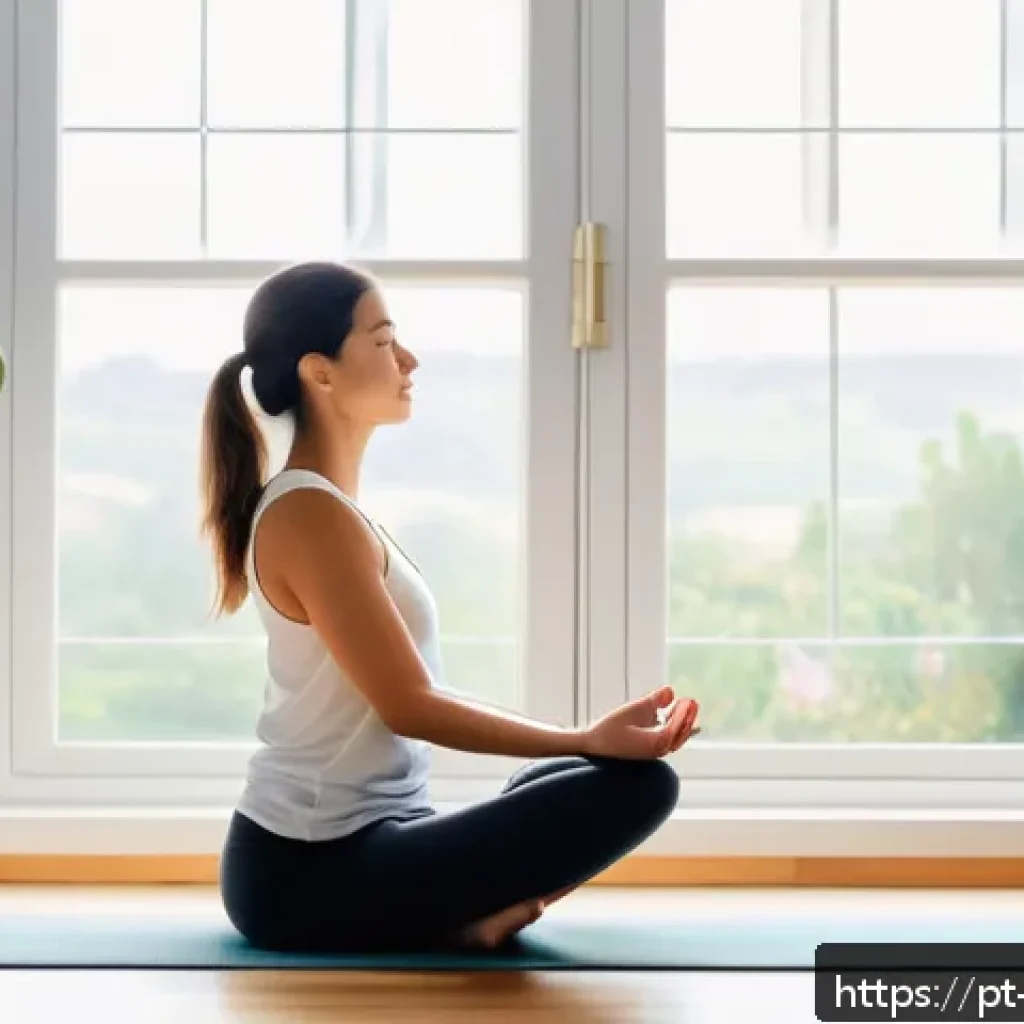 심리적 압박을 극복하는 방법 - A serene and cozy home setting showing a young adult woman practicing mindful breathing exercises in...