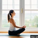 심리적 압박을 극복하는 방법 - A serene and cozy home setting showing a young adult woman practicing mindful breathing exercises in...