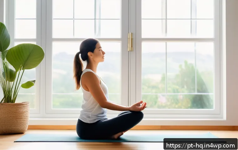 심리적 압박을 극복하는 방법 - A serene and cozy home setting showing a young adult woman practicing mindful breathing exercises in...
