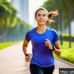 건강 행동 변화에 관한 최신 연구 동향 - A modern Brazilian woman in casual athletic wear using a sleek smartwatch during a morning jog in a ...