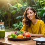 건강 행동 변화의 단계적 접근 - A serene scene of a young Brazilian woman enjoying a mindful meal outdoors in a lush garden setting ...