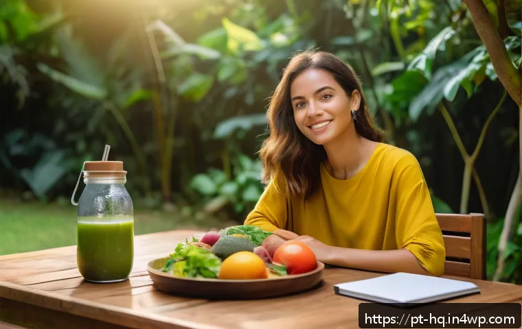 건강 행동 변화의 단계적 접근 - A serene scene of a young Brazilian woman enjoying a mindful meal outdoors in a lush garden setting ...