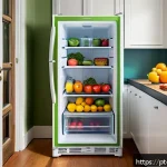 심리적 실험을 통한 건강 행동 변화 연구 - A bright, modern kitchen scene featuring a neatly organized refrigerator with fresh fruits and veget...